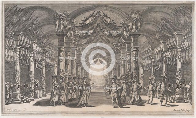 Arsenal of Mars; a group of soldiers standing across from a group of women in an arsenal; ..., 1668. Creator: Mathäus Küsel.