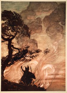 As he moves slowly away, Wotan turns and looks sorrowfully back at Brunnhilde 1910. Artist: Arthur Rackham