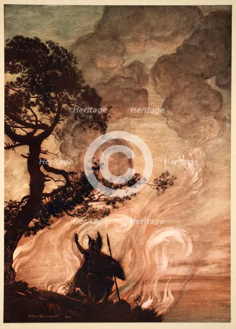 'As he moves slowly away, Wotan turns and looks sorrowfully back at Brunnhilde', 1910.  Creator: Arthur Rackham.