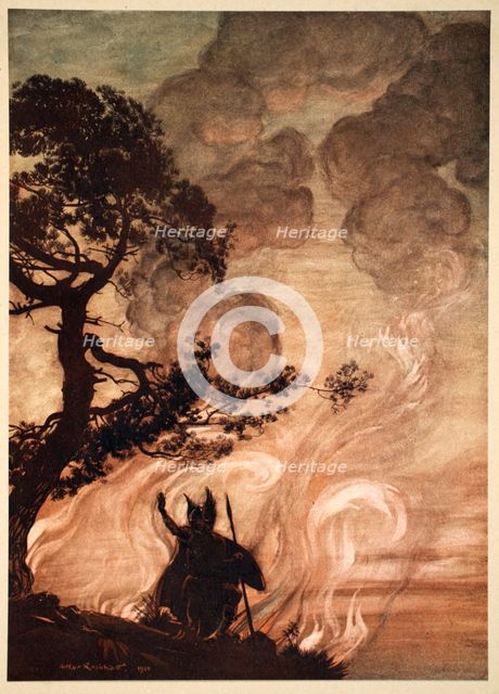 'As he moves slowly away, Wotan turns and looks sorrowfully back at Brunnhilde', 1910.  Artist: Arthur Rackham