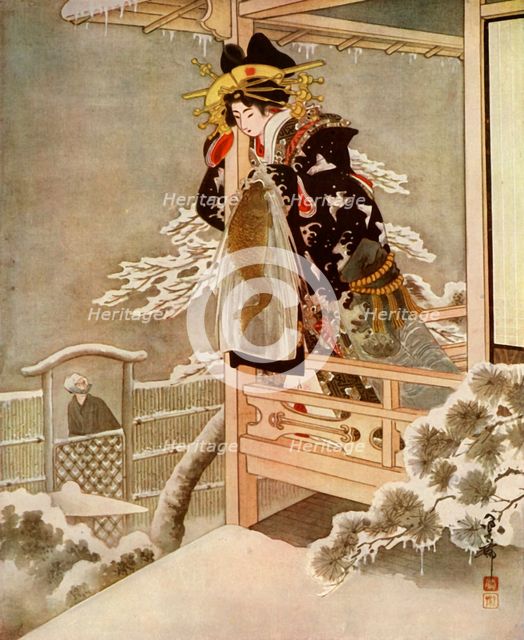 'As she spoke, Urasato leaned far out over the balcony...', 1919.  Creator: Unknown.