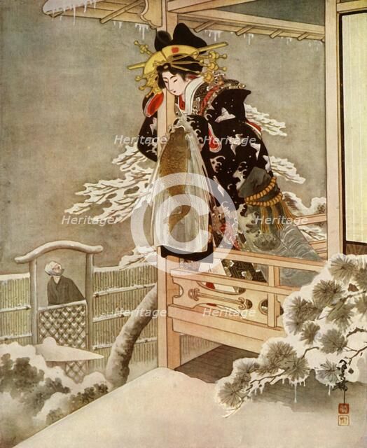 'As she spoke, Urasato leaned far out over the balcony...', 1919.  Creator: Unknown.