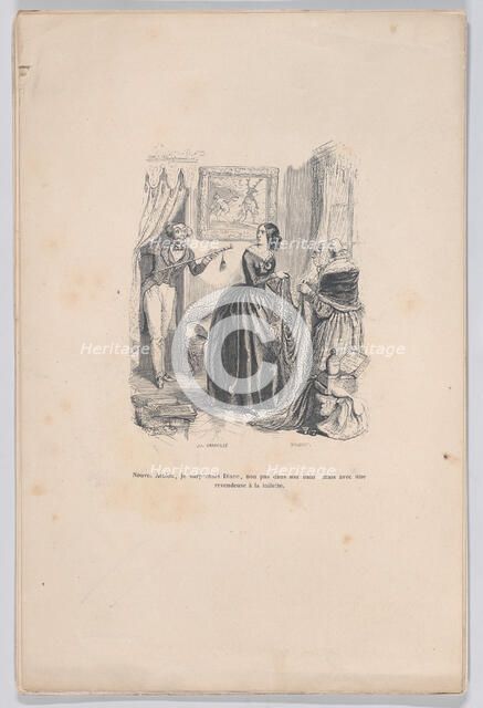 As the new Actaeon, I surprised Diana, not in her bath but with a dealer in the bathroom. ..., 1843. Creators: Jean Ignace Isidore Gerard, Brugnot.