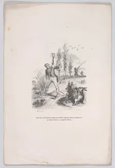 As the last grains of powder fall into the palm of his blackened hand, a superb hare... fr..., 1843. Creator: Jean Ignace Isidore Gerard