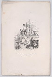 As the last grains of powder fall into the palm of his blackened hand, a superb hare... fr..., 1843. Creator: Jean Ignace Isidore Gerard