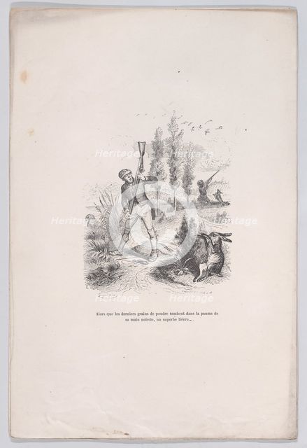 As the last grains of powder fall into the palm of his blackened hand, a superb hare... fr..., 1843. Creator: Jean Ignace Isidore Gerard.