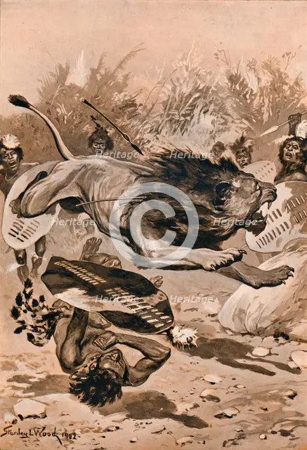 'As The Lion Charged', 1902, (1903). Artist: Stanley Llewellyn Wood.