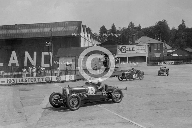 Aston Martin, Austin Ulster TT car and Austin 7, BARC meeting, Brooklands, Surrey, 1933. Artist: Bill Brunell.