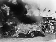 Aston Martin DBR1 on fire, Goodwood, Sussex, 1959