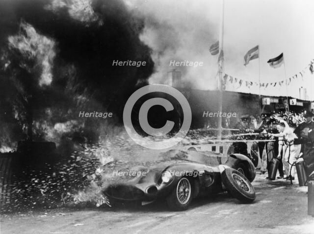 Aston Martin DBR1 on fire, Goodwood, Sussex, 1959. Artist: Unknown