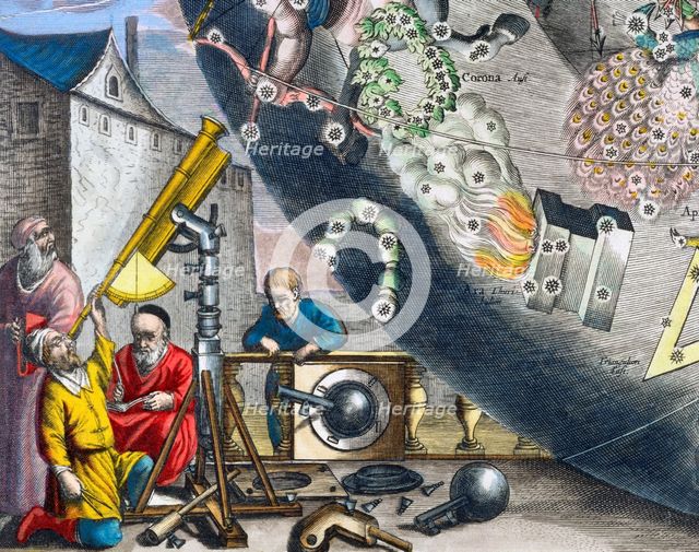 Astonomers looking through a telescope, 1660-1661. Creator: Andreas Cellarius.
