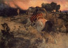 Astolf Riding Away with the Head of Orill, 1873. Creator: Arnold Bocklin