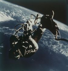 Astronaut Edward White performs the first American spacewalk, 3 June 1965. Creator: James A McDivitt