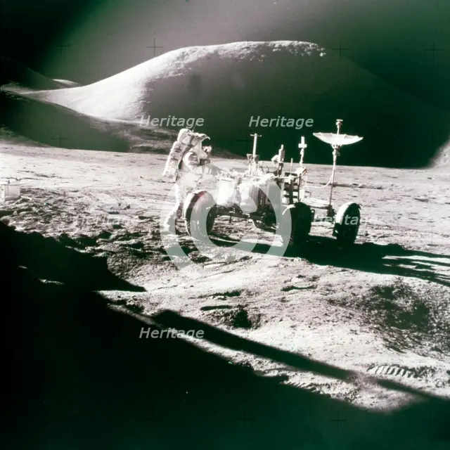 Astronaut with Lunar Roving Vehicle on the Moon, 1970s. Creator: NASA.