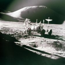 Astronaut with Lunar Roving Vehicle on the Moon, 1970s. Creator: NASA