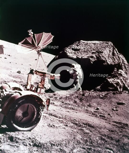 Astronaut with Lunar Roving Vehicle on the Moon, 1970s. Creator: NASA.