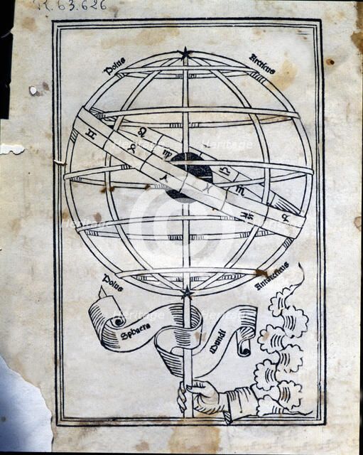 Astronomicon', cover of the work with an armillary sphere, published in Venice in 1485.