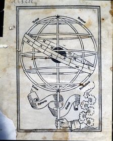 Astronomicon cover of the work with an armillary sphere, published in Venice in 1485