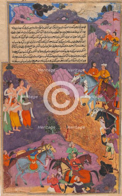 Asvatthama Fires the Narayana Weapon (Cosmic Fire) at the Pandavas, Folio..., ca. 1616-17. Creator: Unknown.
