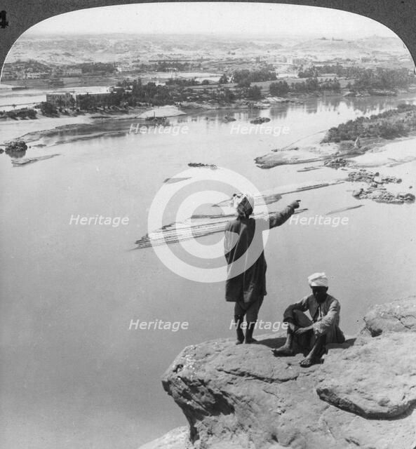 Aswan and the island of Elephantine as seen from the western cliffs, Egypt, 1905.Artist: Underwood & Underwood