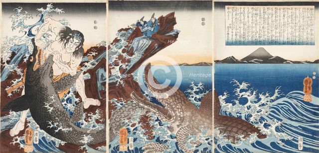Asaina Saburo Yoshihide Wrestling Two Crocodiles at Kotsubo beach, 1849. Creator: Kuniyoshi, Utagawa (1797-1861).
