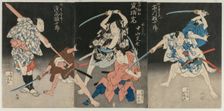 Asao Gaujuro as the Boatman Sanjurol; Nakayama Bunshichi as Hayashi Sanzemo..., 1829. Creator: Shunshosai Hokucho (Japanese)