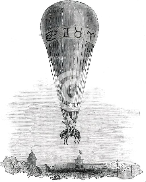 Ascent of M. Poiteven, on Horseback, in a Balloon, from the Champ de Mars, Paris, 1850. Creator: Unknown.