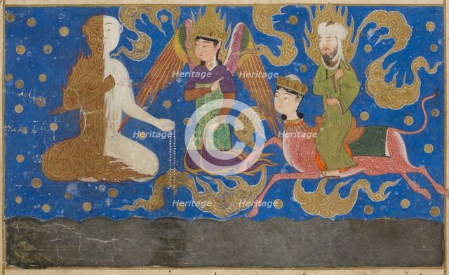 Ascent of Muhammad to Heaven. From Miraj Nameh, 1436. Creator: Anonymous.
