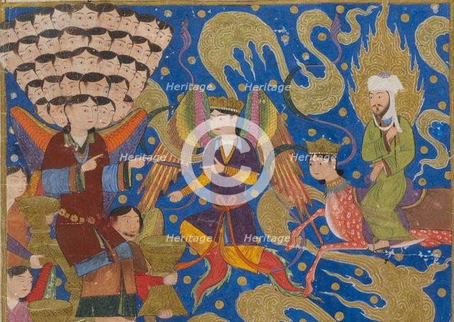 Ascent of Muhammad to Heaven. From Miraj Nameh, 1436. Creator: Anonymous.