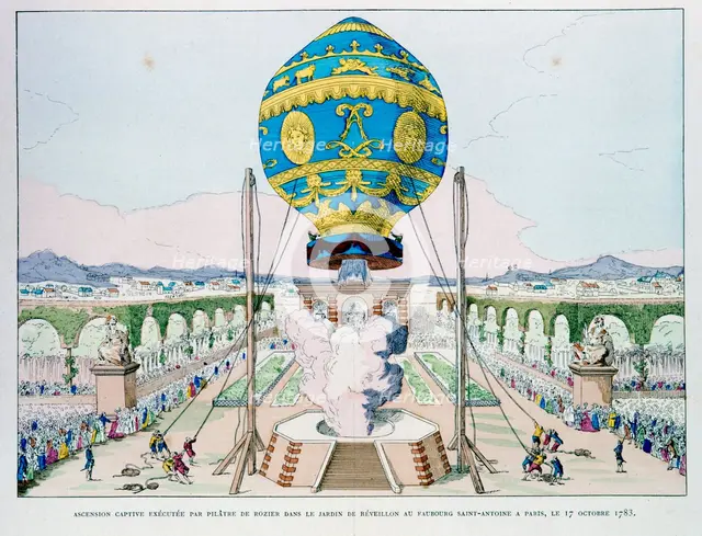 Ascent in captive hot air balloon made by Pilatre de Rozier, Paris, 11 October 1783 (1887). Artist: Anon