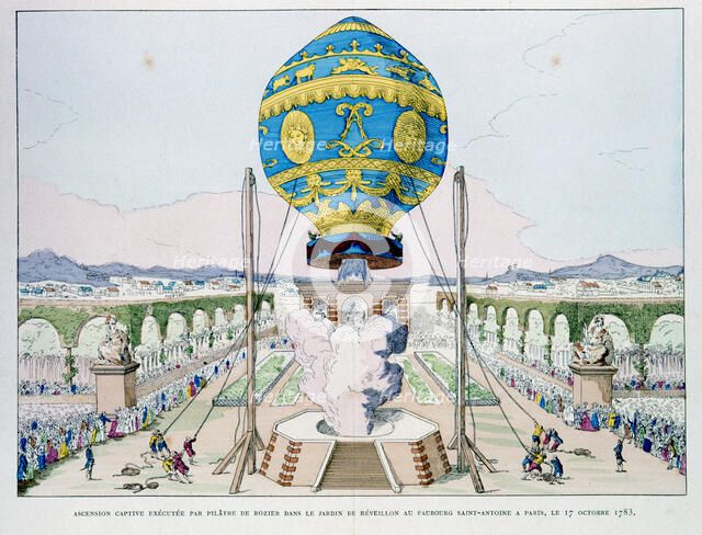 Ascent in captive hot air balloon made by Pilatre de Rozier, Paris, 11 October 1783 (1887). Artist: Anon