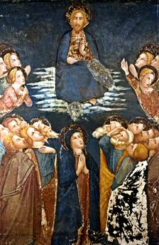 Ascension of Jesus into heaven surrounded by the apostles and the Virgin Mary detail of the pa…
