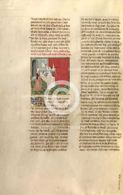 Aseneth Offering Bread, Wine, and Honey to an Angel; Miroir Historial, about 1475. Creator: Unknown.