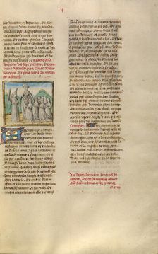 Aseneth Requesting the Angel's Blessing of Seven Young Women; Miroir Historial, about 1475. Creator: Unknown