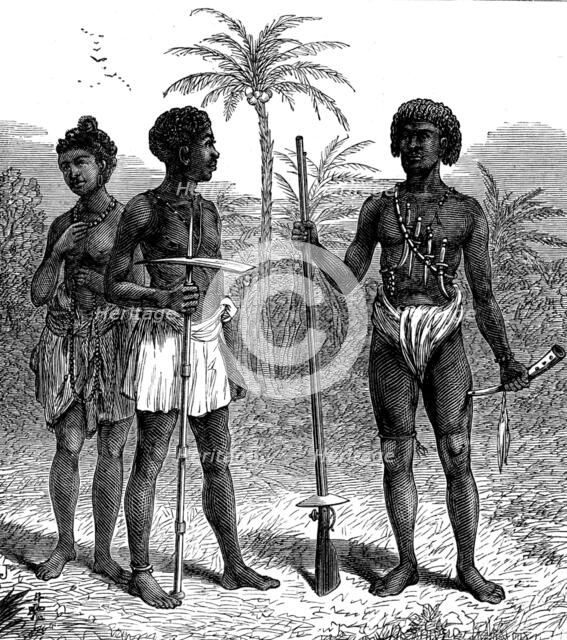 Ashantee Sketches: woman and man of Gaman and Ashantee soldier, 1873. Creator: Unknown.