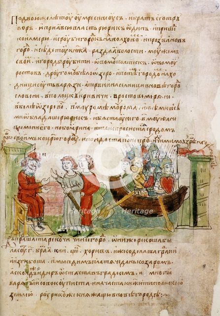 Askold and Dir asked by Rurik for a permission to go to Constantinople (from the Radziwill Chronicle), 15th century. Artist: Anonymous  