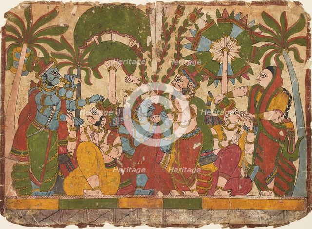Assassin aiming an arrow at a king seated on a balcony, c1830. Artist: Unknown.