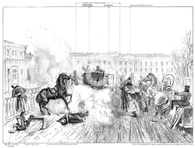 Assassination of Alexander II.: sketch showing exactly how the Emperor was attacked, 1881.  Creator: Unknown.
