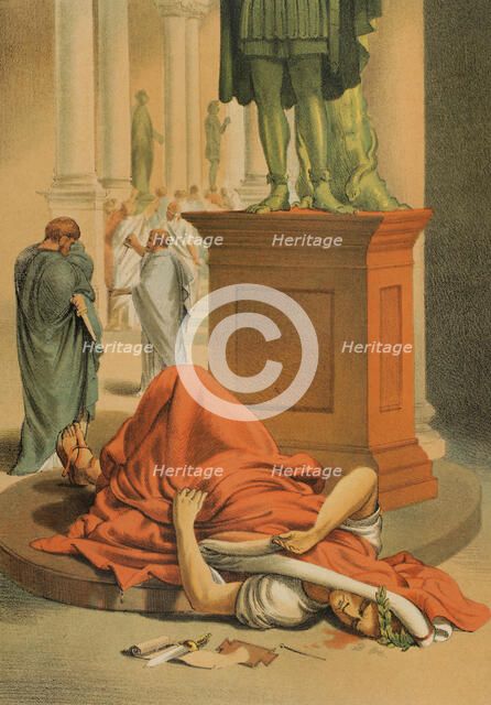 Assassination of Julius Caesar in Rome, on March 15, 44 BC, stabbed by Roman..., 1882.  Creator: Unknown.