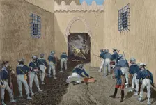 Assault and blasting of the kasbah gate by the French army of the battleship...Tunisia, 1881. Creator: Tomás Carlos Capuz