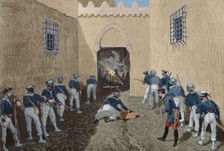Assault and blasting of the kasbah gate by the French army of the battleship...Tunisia, 1881. Creator: Tomás Carlos Capuz