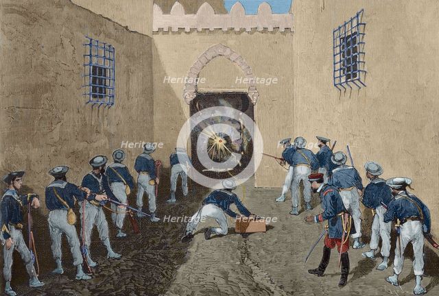 Assault and blasting of the kasbah gate by the French army of the battleship...Tunisia, 1881.  Creator: Tomás Carlos Capuz.