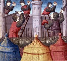 Assault and taking of a castle by the knights of King Arthur, miniature in the incunable Lancelo…