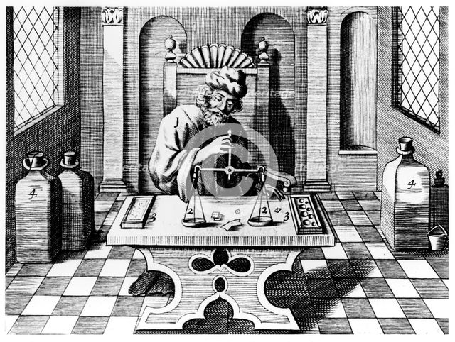 Assayer testing samples of gold and silver, 1683. Artist: Unknown