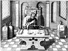 Assayer testing samples of gold or silver using a balance, 1683. Creator: Lazarus Ercker