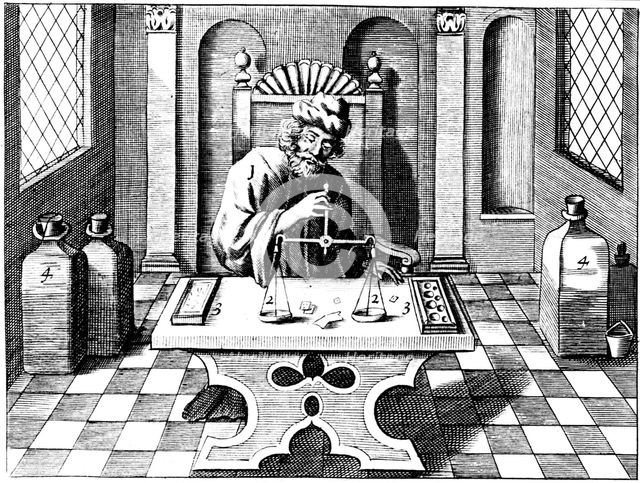 Assayer testing samples of gold or silver using a balance, 1683.  Creator: Lazarus Ercker.