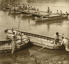 Assembling a pontoon bridge, c1914-c1918