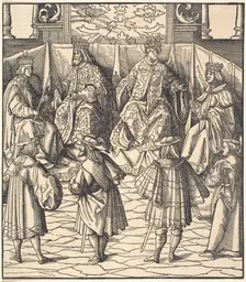 Assembly of Four Kings, in the foreground Four Men, 1514/1516. Creator: Leonhard Beck