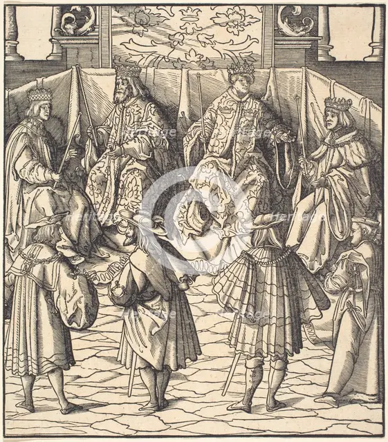 Assembly of Four Kings, in the foreground Four Men, 1514/1516. Creator: Leonhard Beck.