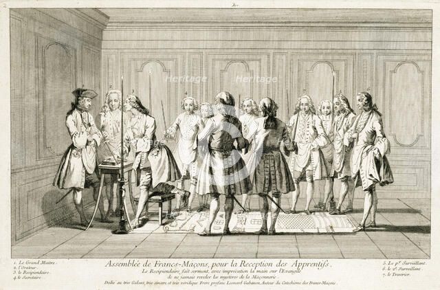 Assembly of Freemasons to initiate an apprentice, c1733. Artist: Unknown